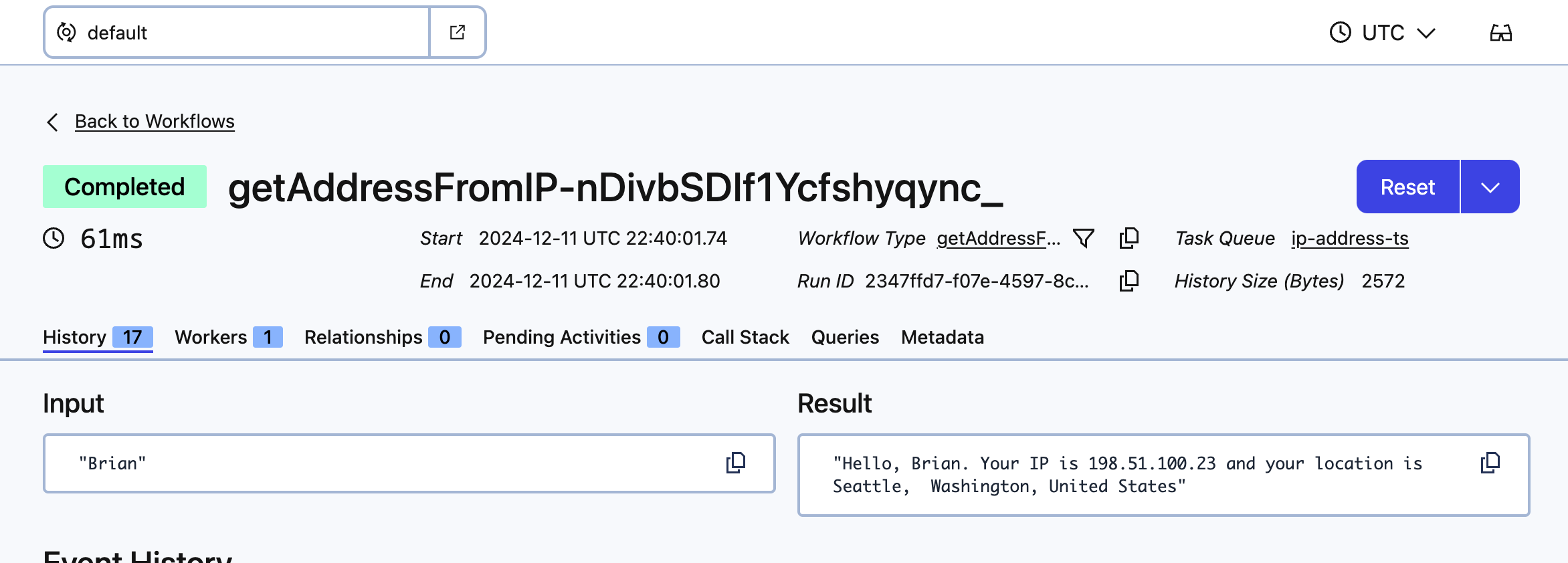 The UI shows the results of the Workflow including the output